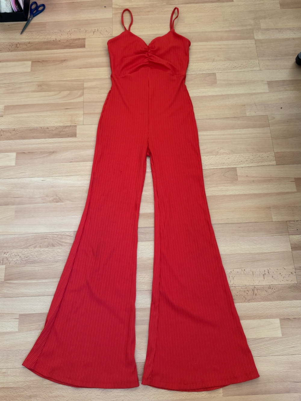 Bershka Bright Red Orange Ribbed Flare Leg Romper
